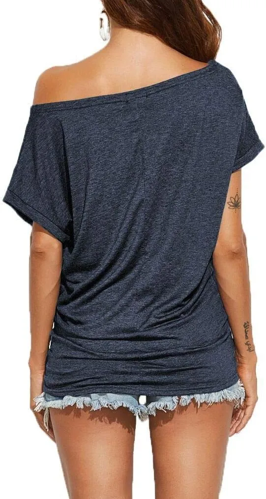 Poetsky Women's Summer Off Shoulder Shirts Casual Loose Short Sleeve Tunics Tops