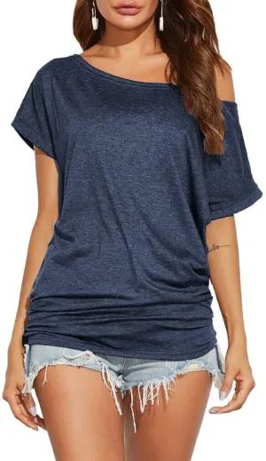 Poetsky Women's Summer Off Shoulder Shirts Casual Loose Short Sleeve Tunics Tops