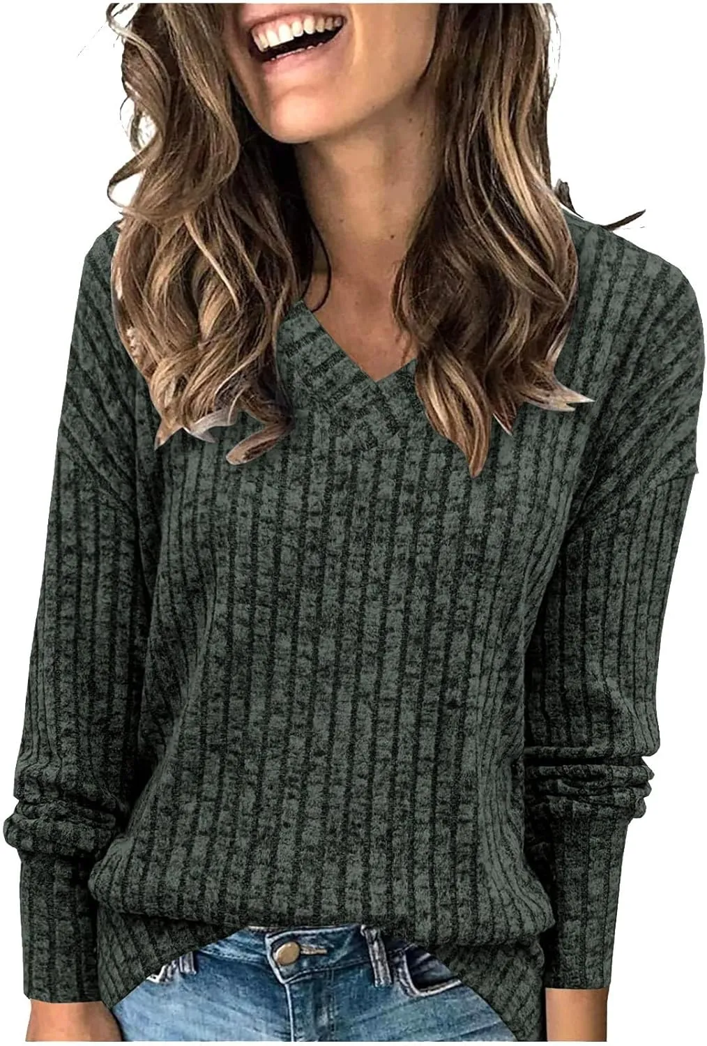 Ribbed Long Sleeve Tops for Women Casual Comfy Solid V Neck Pullover Tunics Tops Spring Fashion Loose Fit T Shirts