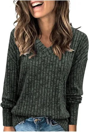 Ribbed Long Sleeve Tops for Women Casual Comfy Solid V Neck Pullover Tunics Tops Spring Fashion Loose Fit T Shirts