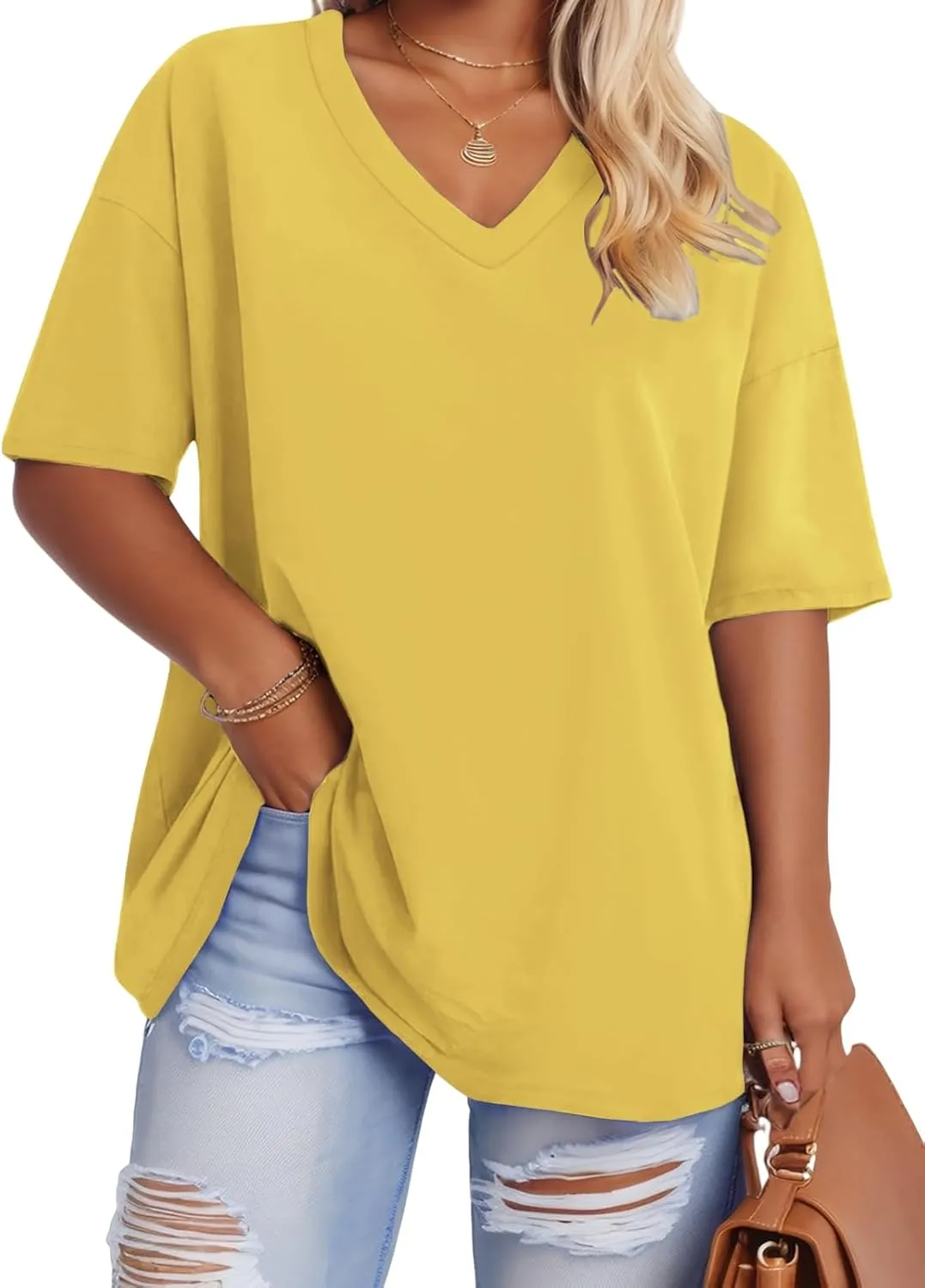 ROSRISS Plus-Size Tops for Women Oversized V Neck Shirts Drop Shoulder Tunics XL-5XL