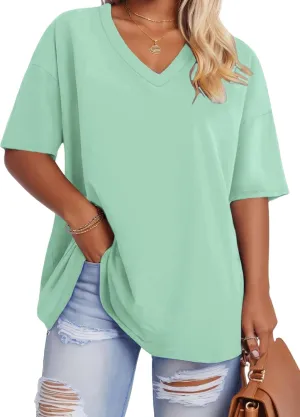 ROSRISS Plus-Size Tops for Women Oversized V Neck Shirts Drop Shoulder Tunics XL-5XL