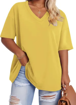 ROSRISS Plus-Size Tops for Women Oversized V Neck Shirts Drop Shoulder Tunics XL-5XL