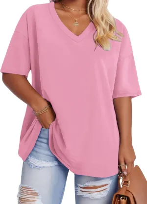 ROSRISS Plus-Size Tops for Women Oversized V Neck Shirts Drop Shoulder Tunics XL-5XL