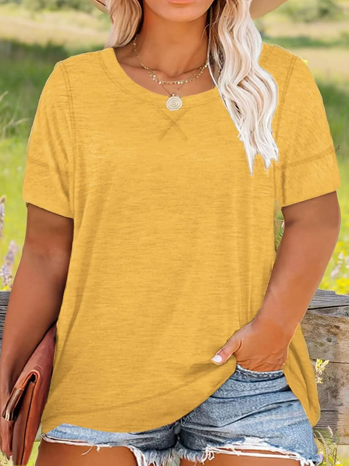 ROSRISS Womens Plus Size Tops Casual Short Sleeve Side Split Tunics Shirts