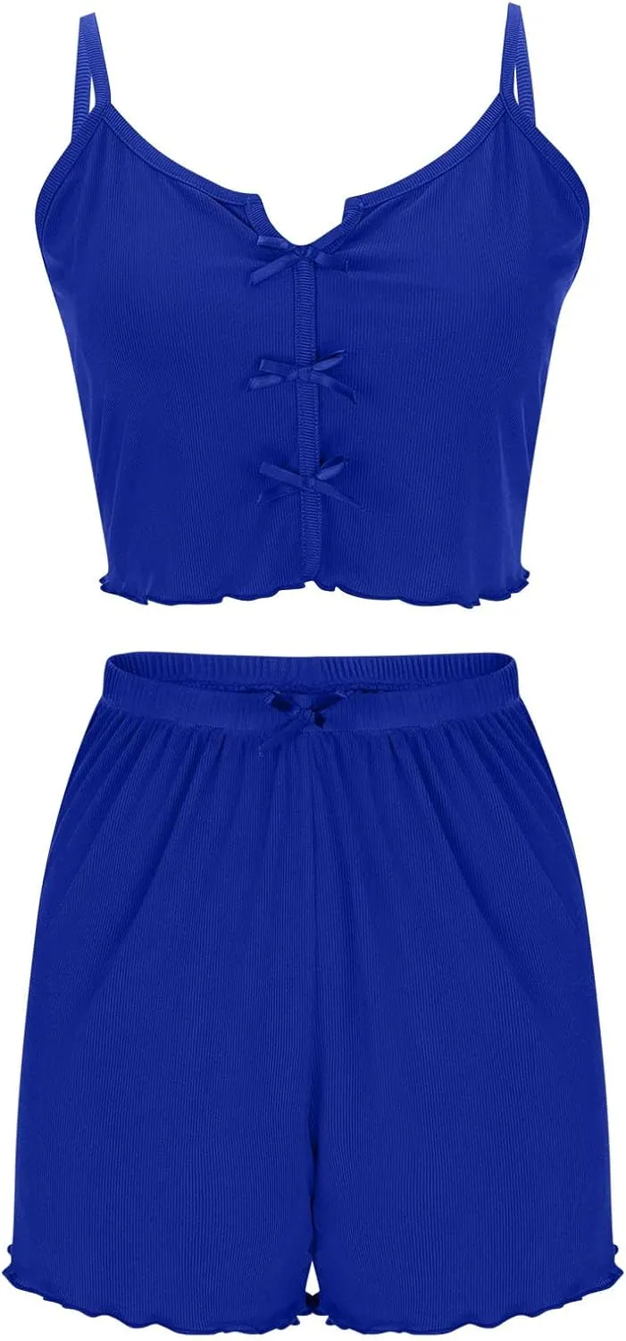 Sexy Pajamas for Women Summer Bow Crop Camisole Tops and Shorts Sleepwear Comfy Soft Ribbed Pjs Loungewear Sets