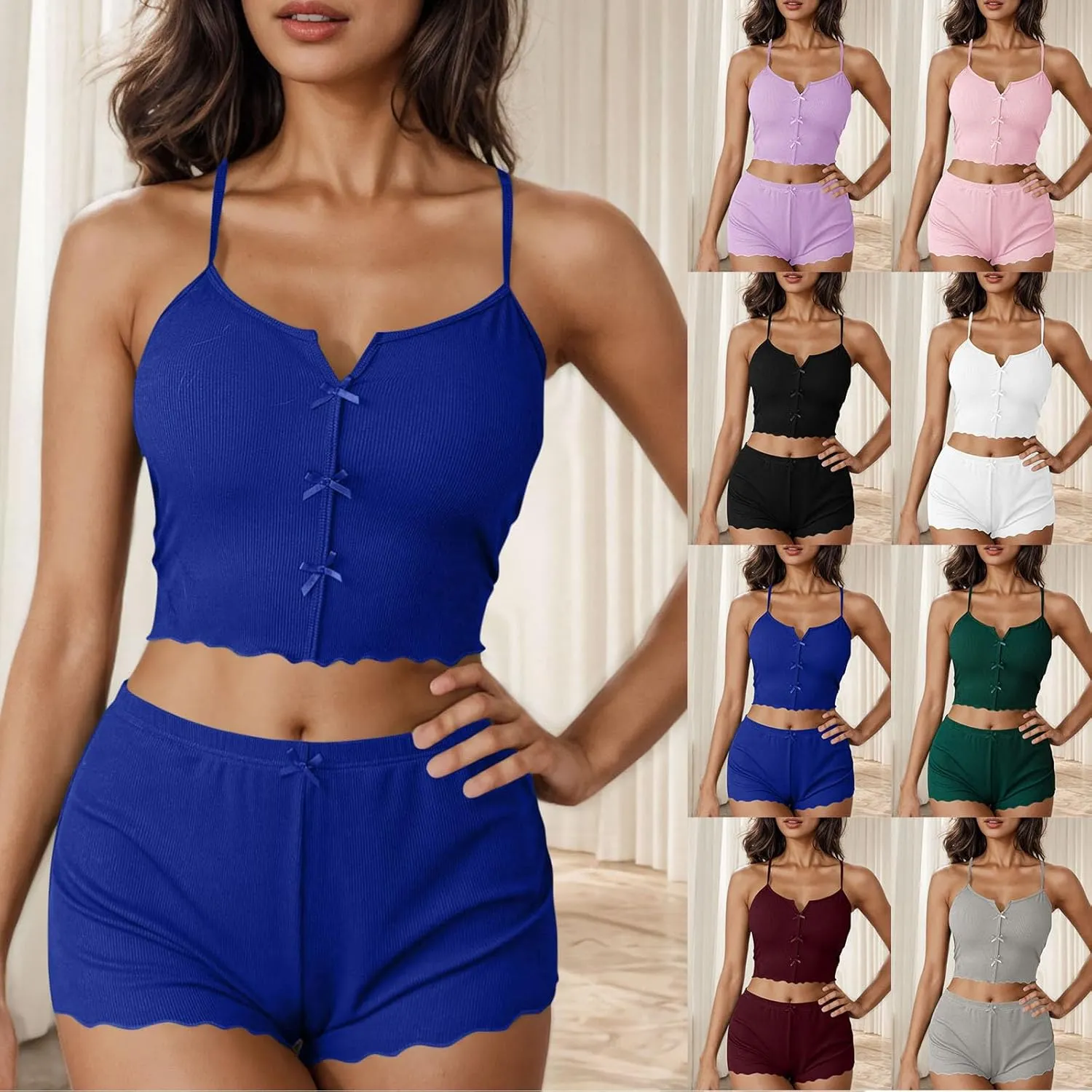 Sexy Pajamas for Women Summer Bow Crop Camisole Tops and Shorts Sleepwear Comfy Soft Ribbed Pjs Loungewear Sets