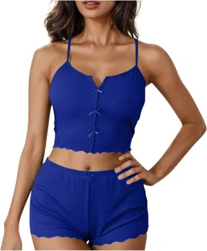 Sexy Pajamas for Women Summer Bow Crop Camisole Tops and Shorts Sleepwear Comfy Soft Ribbed Pjs Loungewear Sets