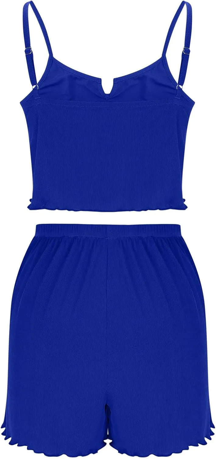 Sexy Pajamas for Women Summer Bow Crop Camisole Tops and Shorts Sleepwear Comfy Soft Ribbed Pjs Loungewear Sets