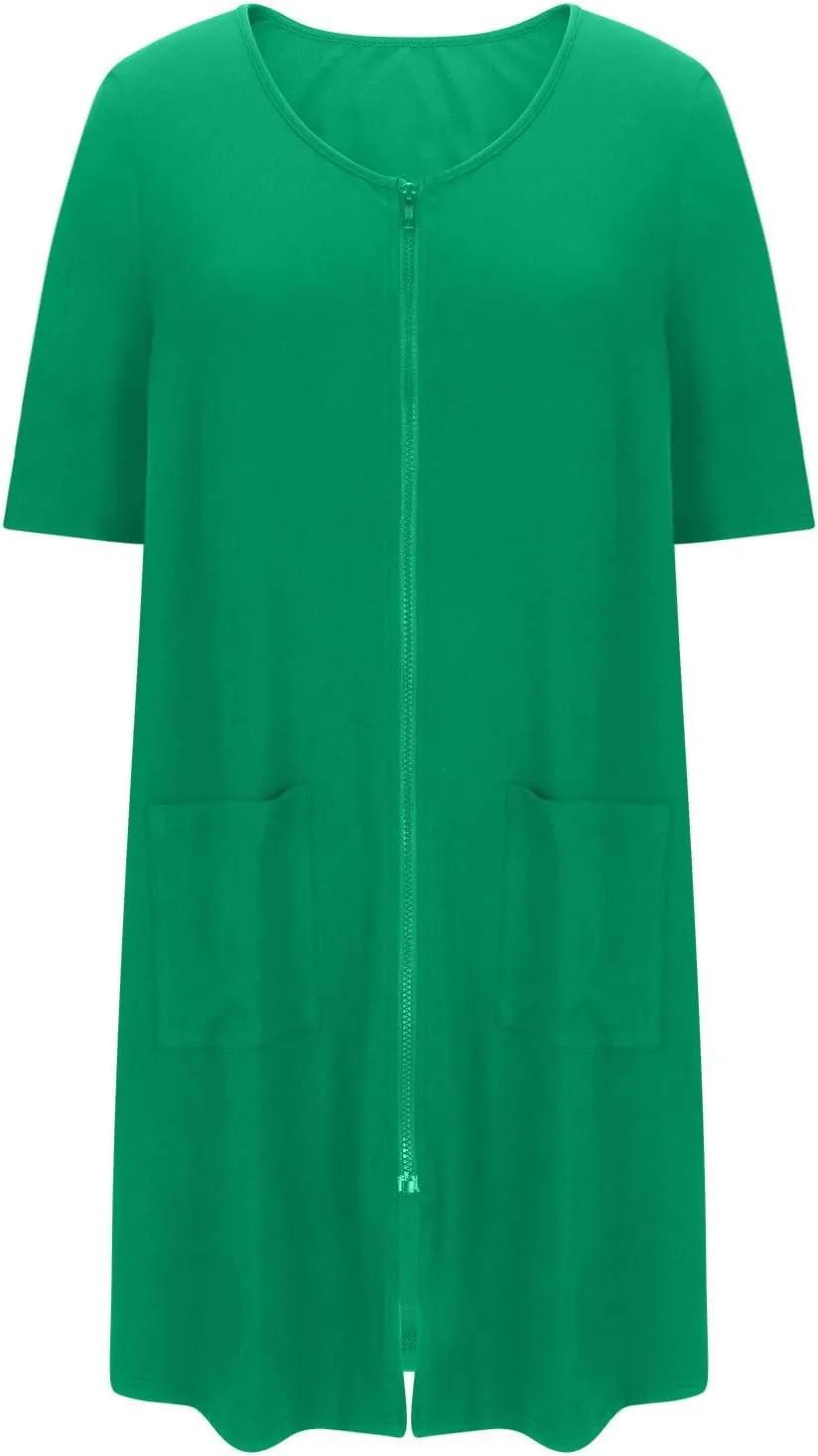 Short Nightgowns for Women Zip Front Nightshirt 3/4 Sleeve Sleepwear Crewneck Loose Soft Summer Sleep Dress with Pockets