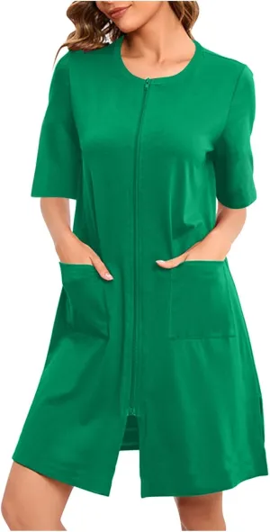 Short Nightgowns for Women Zip Front Nightshirt 3/4 Sleeve Sleepwear Crewneck Loose Soft Summer Sleep Dress with Pockets
