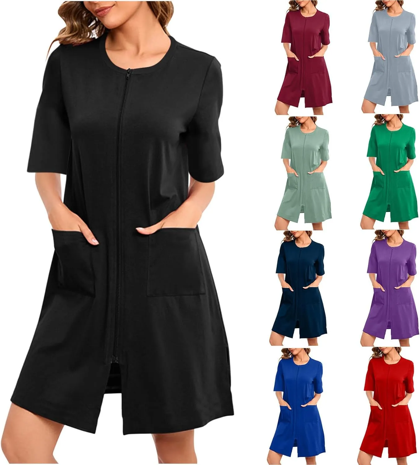 Short Nightgowns for Women Zip Front Nightshirt 3/4 Sleeve Sleepwear Crewneck Loose Soft Summer Sleep Dress with Pockets