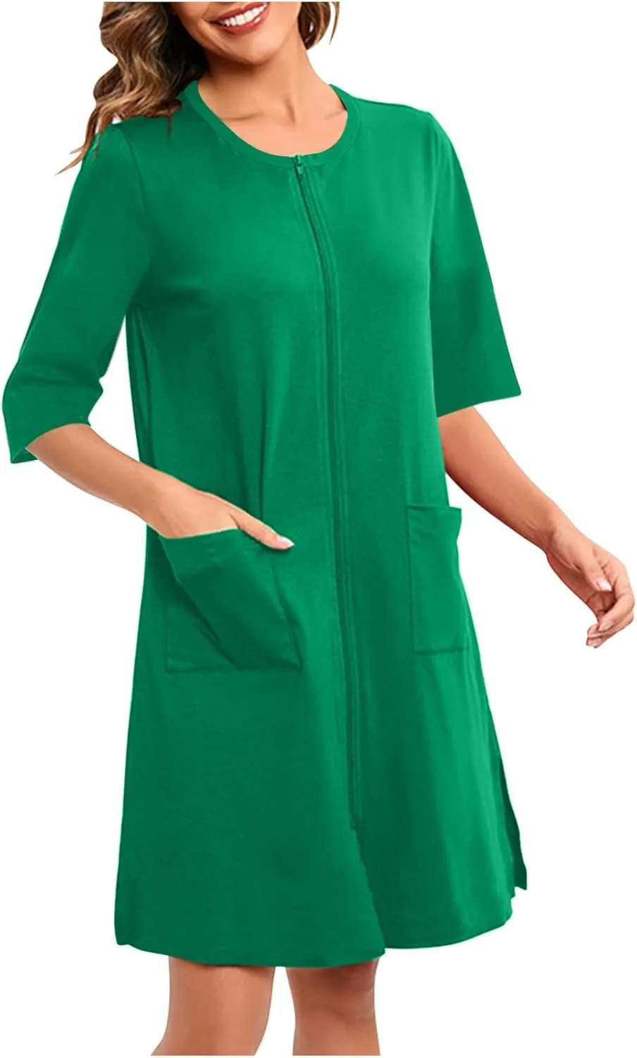 Short Nightgowns for Women Zip Front Nightshirt 3/4 Sleeve Sleepwear Crewneck Loose Soft Summer Sleep Dress with Pockets