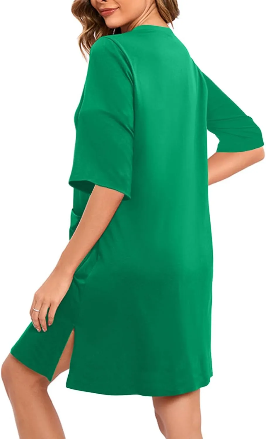 Short Nightgowns for Women Zip Front Nightshirt 3/4 Sleeve Sleepwear Crewneck Loose Soft Summer Sleep Dress with Pockets