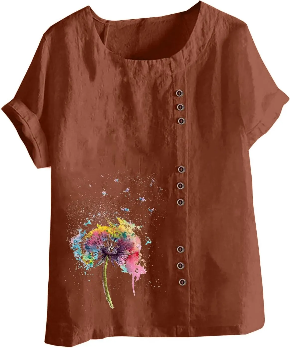 Short Sleeve Tshirts for Women Fall Summer Boat Neck Linen Daisy Flower Loose Fit Long Tops Shirt Women 2024