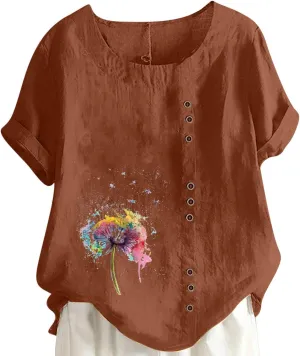 Short Sleeve Tshirts for Women Fall Summer Boat Neck Linen Daisy Flower Loose Fit Long Tops Shirt Women 2024