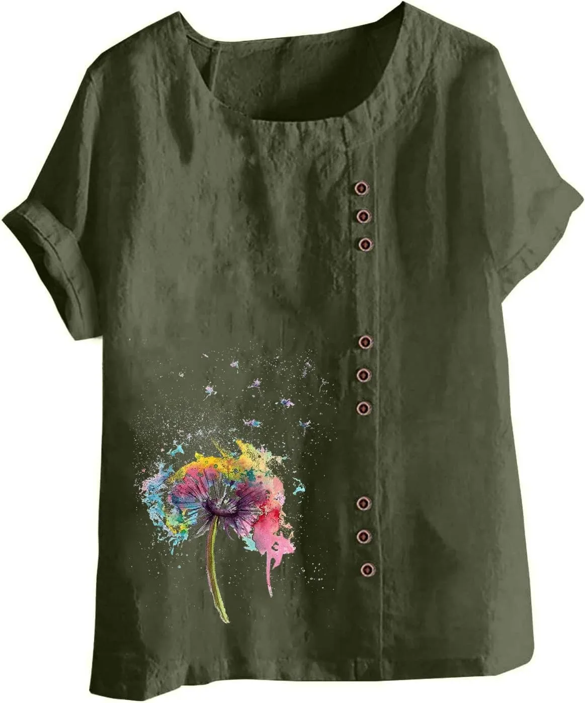 Short Sleeve Tshirts for Women Fall Summer Boat Neck Linen Daisy Flower Loose Fit Long Tops Shirt Women 2024