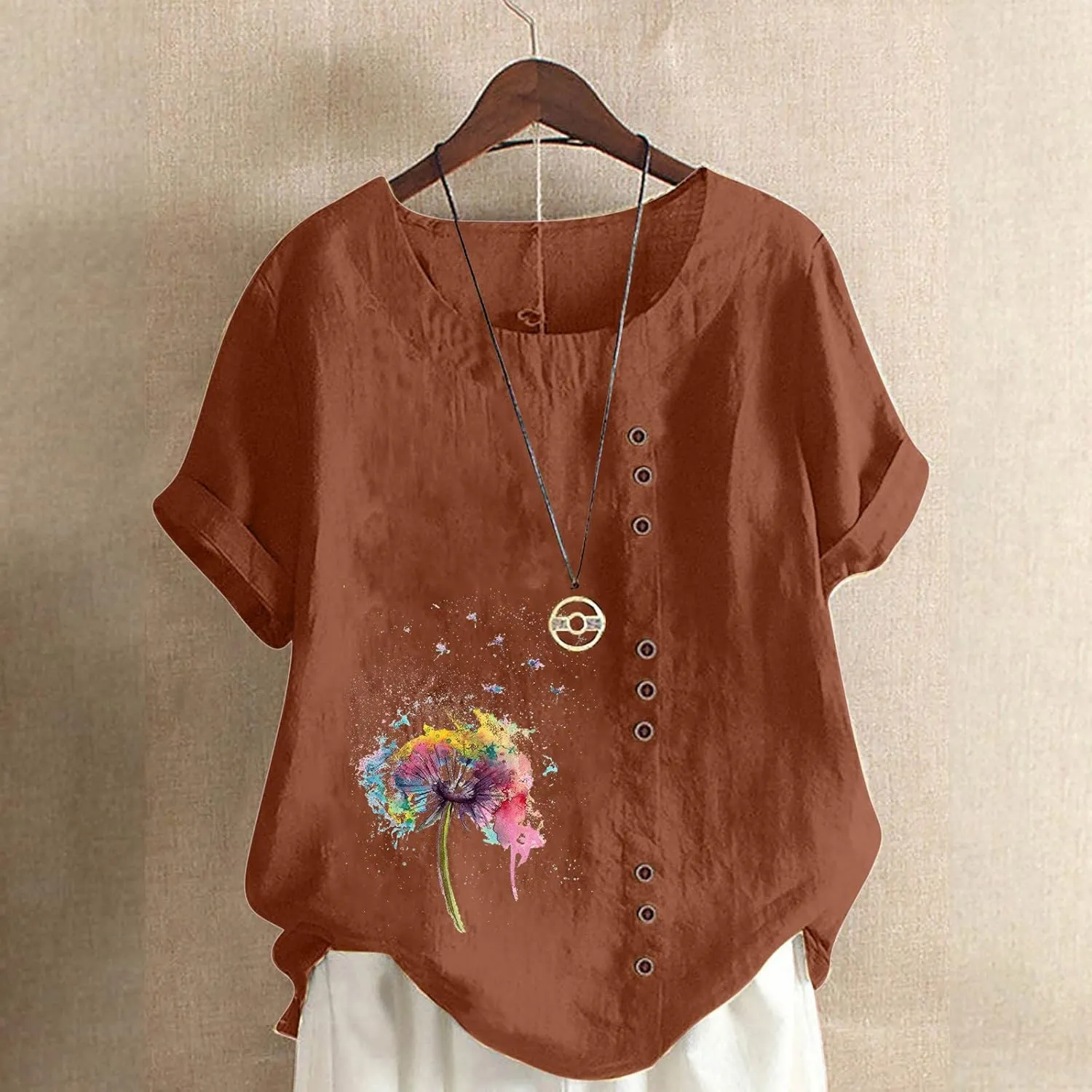 Short Sleeve Tshirts for Women Fall Summer Boat Neck Linen Daisy Flower Loose Fit Long Tops Shirt Women 2024