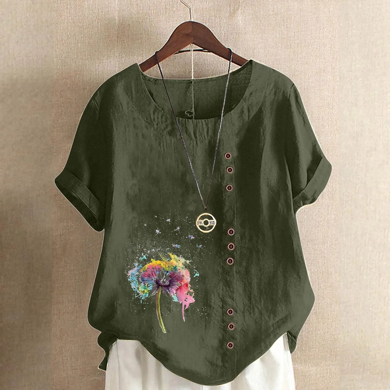 Short Sleeve Tshirts for Women Fall Summer Boat Neck Linen Daisy Flower Loose Fit Long Tops Shirt Women 2024