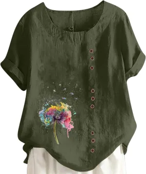 Short Sleeve Tshirts for Women Fall Summer Boat Neck Linen Daisy Flower Loose Fit Long Tops Shirt Women 2024