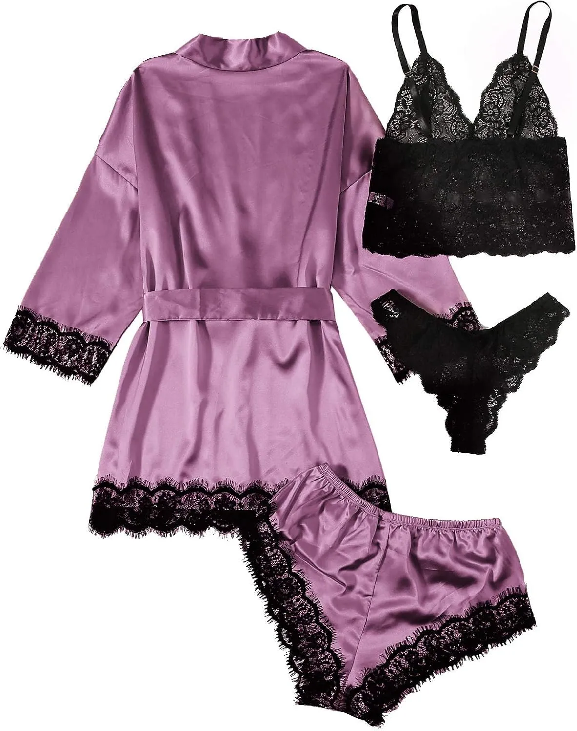 SOLY HUX Women's Satin Pajama Set 4pcs Floral Lace Trim Cami Lingerie Sleepwear with Robe