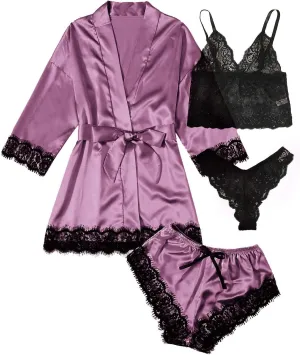 SOLY HUX Women's Satin Pajama Set 4pcs Floral Lace Trim Cami Lingerie Sleepwear with Robe