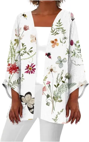 Spring Cardigans for Women 2025 Floral Printed Casual Loose Cardigans 3/4 Sleeve Hide Belly Open Front Cardigan