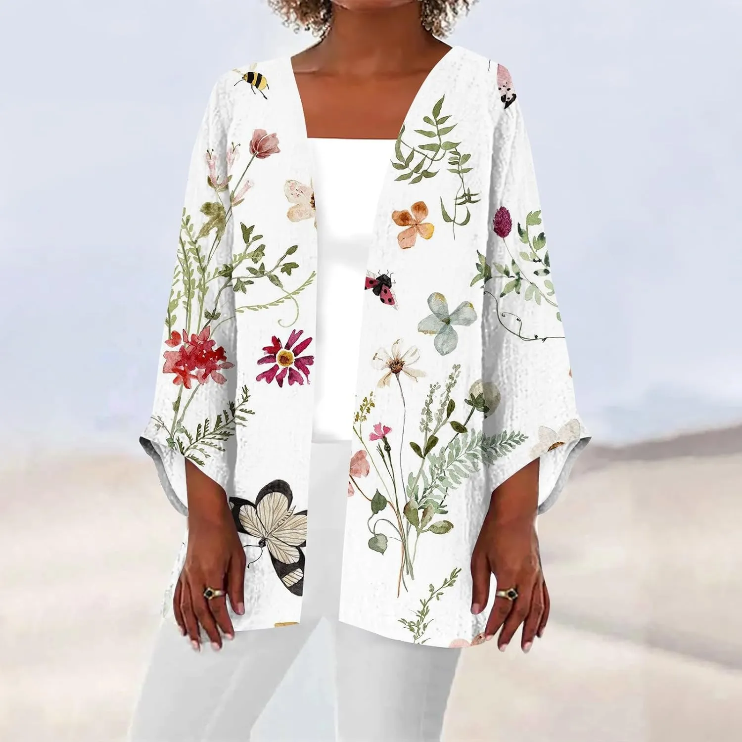 Spring Cardigans for Women 2025 Floral Printed Casual Loose Cardigans 3/4 Sleeve Hide Belly Open Front Cardigan