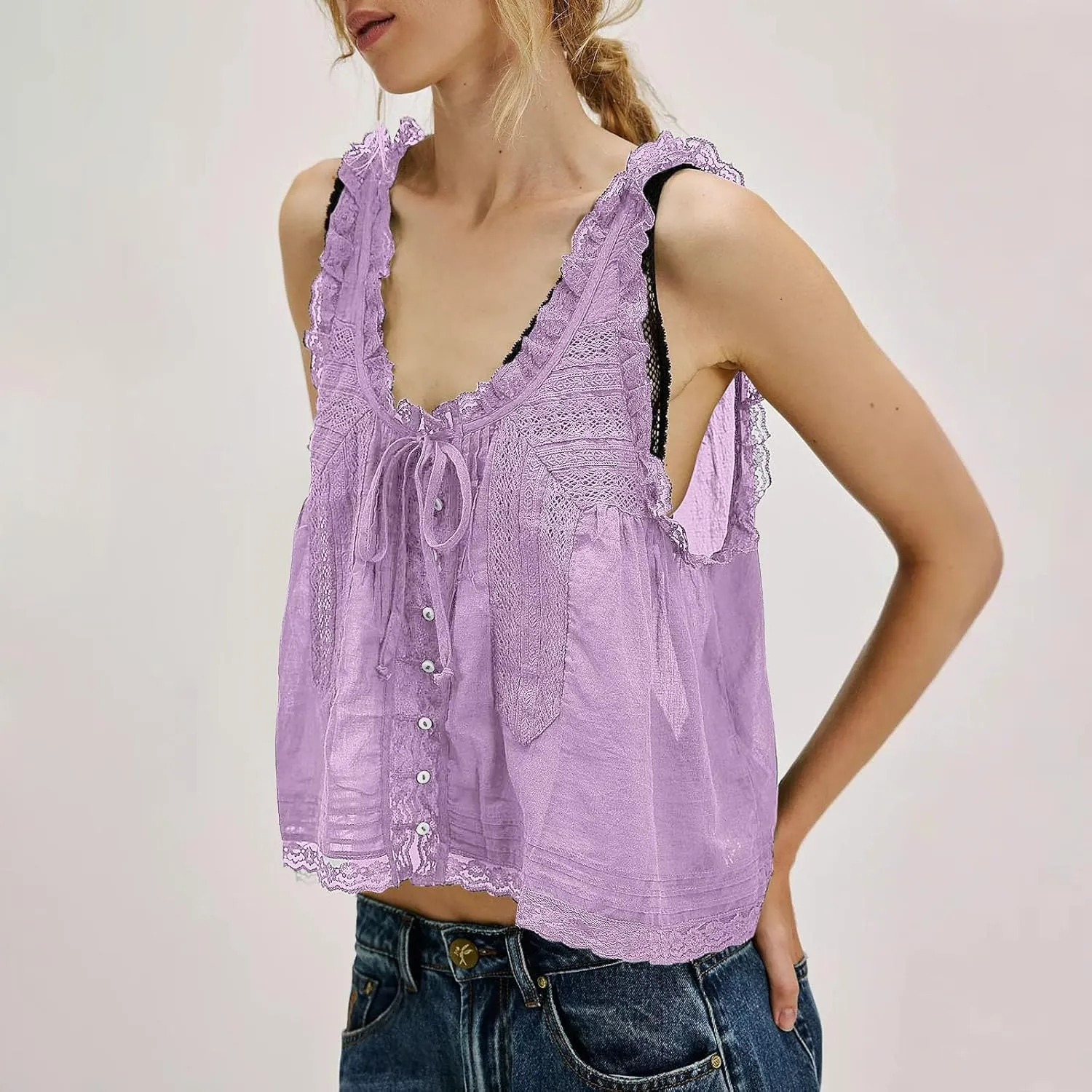 Summer Lace Camisole Tank Top for Women Cute Boho Tie Front Beach Y2K Sleeveless Shirt Crop Button Going Out Cami Tee