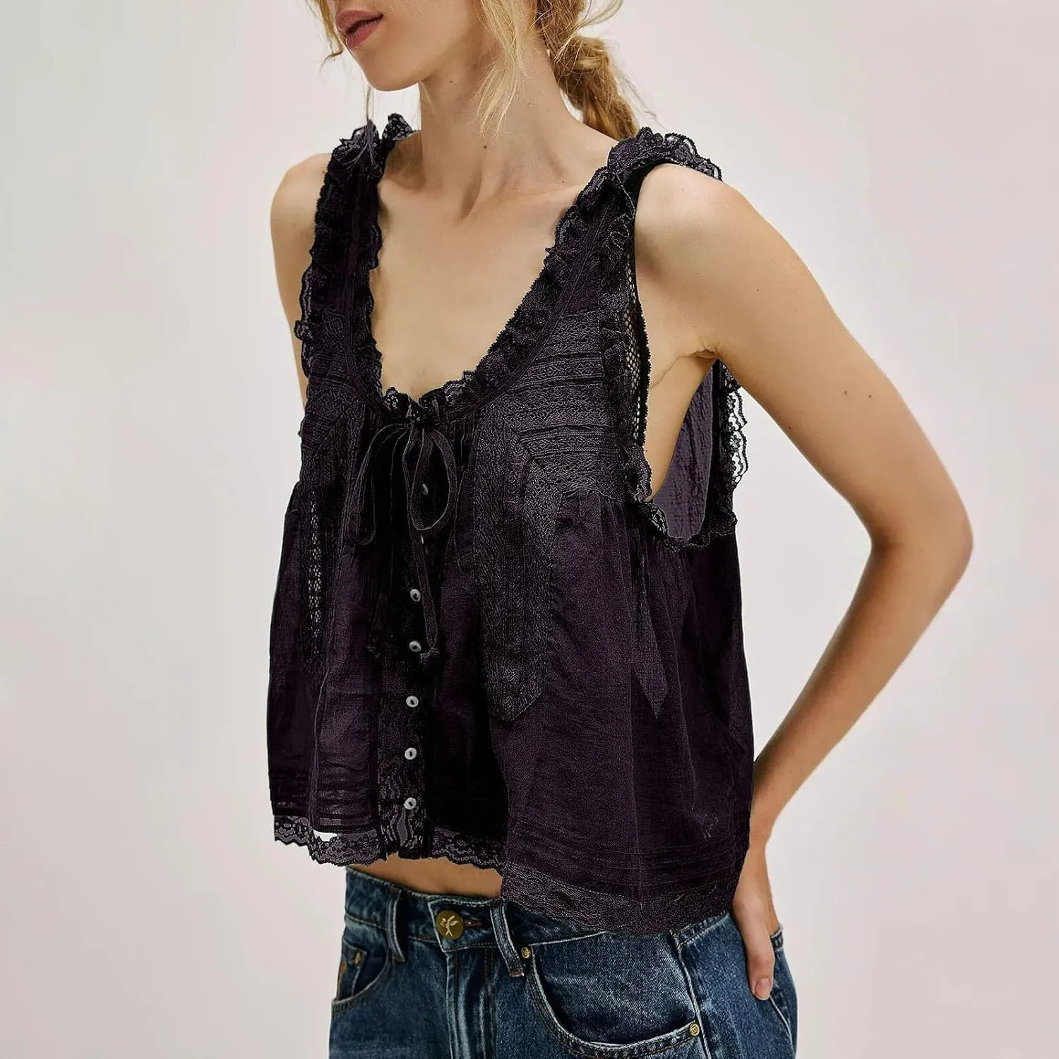 Summer Lace Camisole Tank Top for Women Cute Boho Tie Front Beach Y2K Sleeveless Shirt Crop Button Going Out Cami Tee