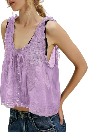 Summer Lace Camisole Tank Top for Women Cute Boho Tie Front Beach Y2K Sleeveless Shirt Crop Button Going Out Cami Tee