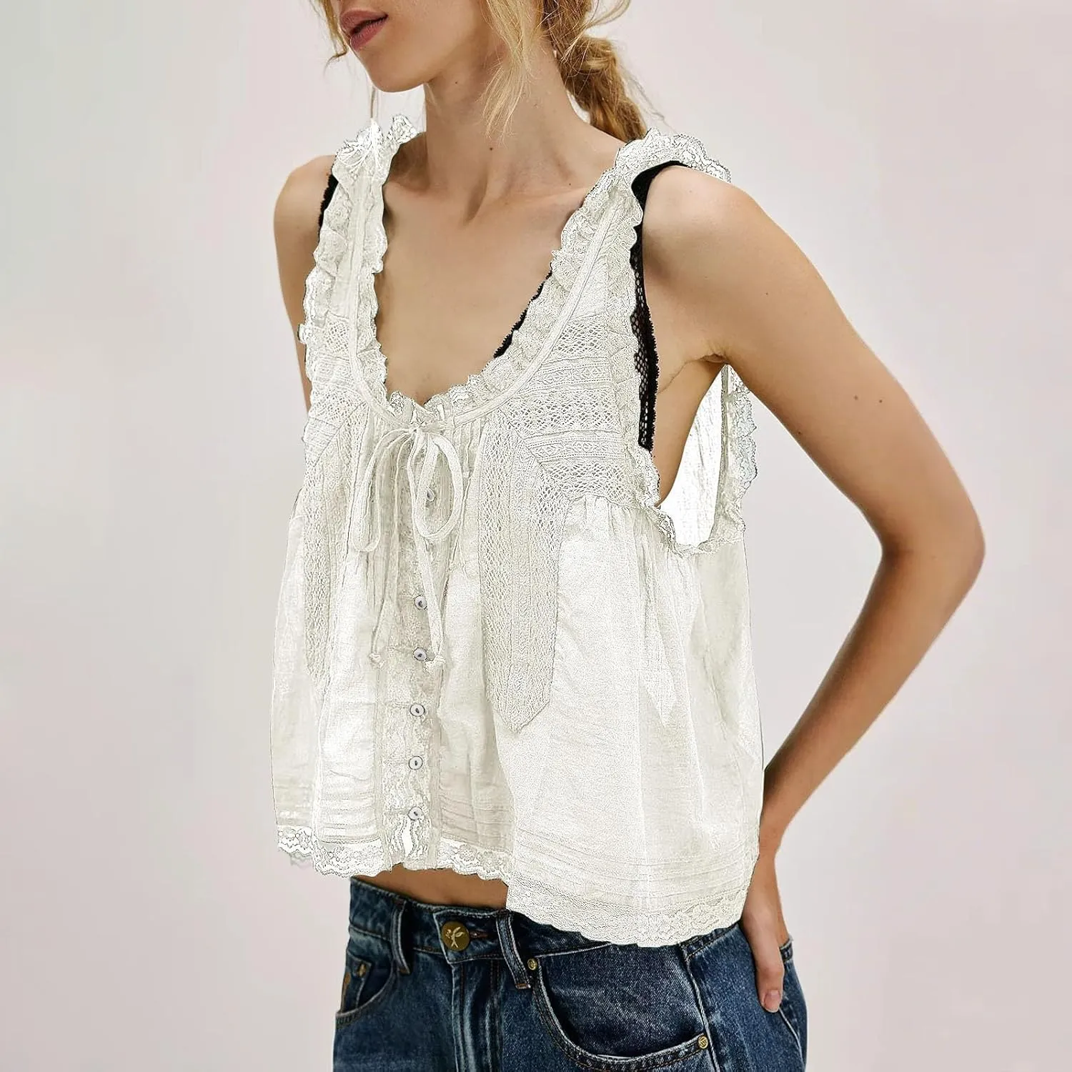 Summer Lace Camisole Tank Top for Women Cute Boho Tie Front Beach Y2K Sleeveless Shirt Crop Button Going Out Cami Tee