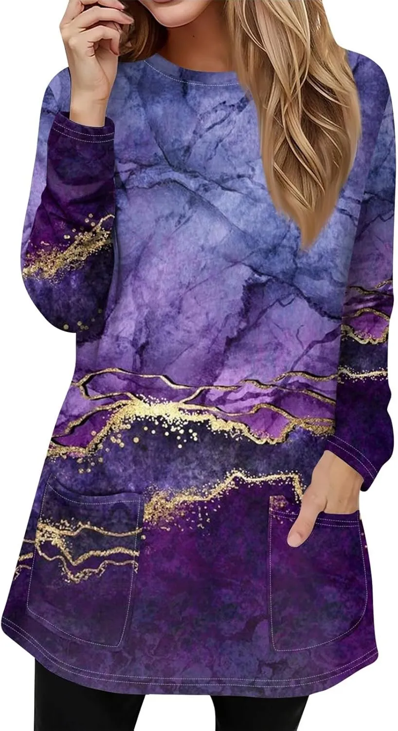 T-Shirt Women Fall Tunic Tops Plus Size Work Blouses Long Sleeve Winter Casual Tops Crew Neck Sweatshirts with Pockets