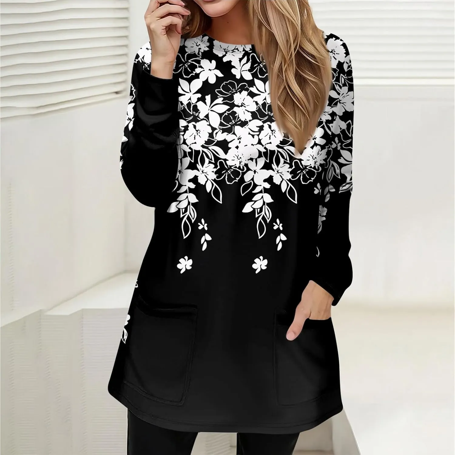 T-Shirt Women Fall Tunic Tops Plus Size Work Blouses Long Sleeve Winter Casual Tops Crew Neck Sweatshirts with Pockets