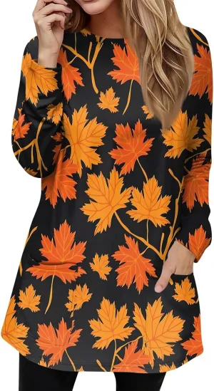T-Shirt Women Fall Tunic Tops Plus Size Work Blouses Long Sleeve Winter Casual Tops Crew Neck Sweatshirts with Pockets