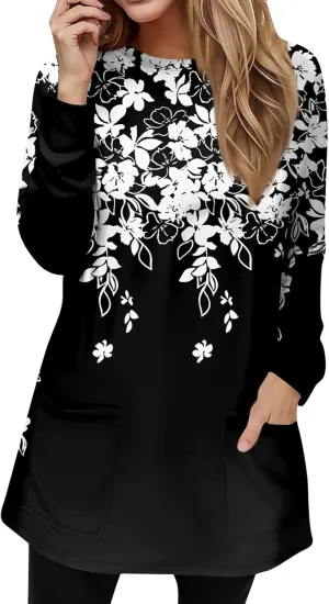 T-Shirt Women Fall Tunic Tops Plus Size Work Blouses Long Sleeve Winter Casual Tops Crew Neck Sweatshirts with Pockets
