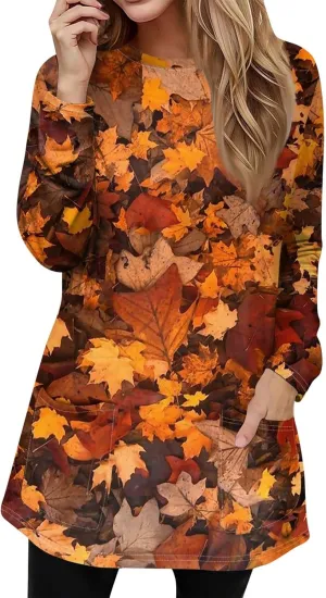 T-Shirt Women Fall Tunic Tops Plus Size Work Blouses Long Sleeve Winter Casual Tops Crew Neck Sweatshirts with Pockets