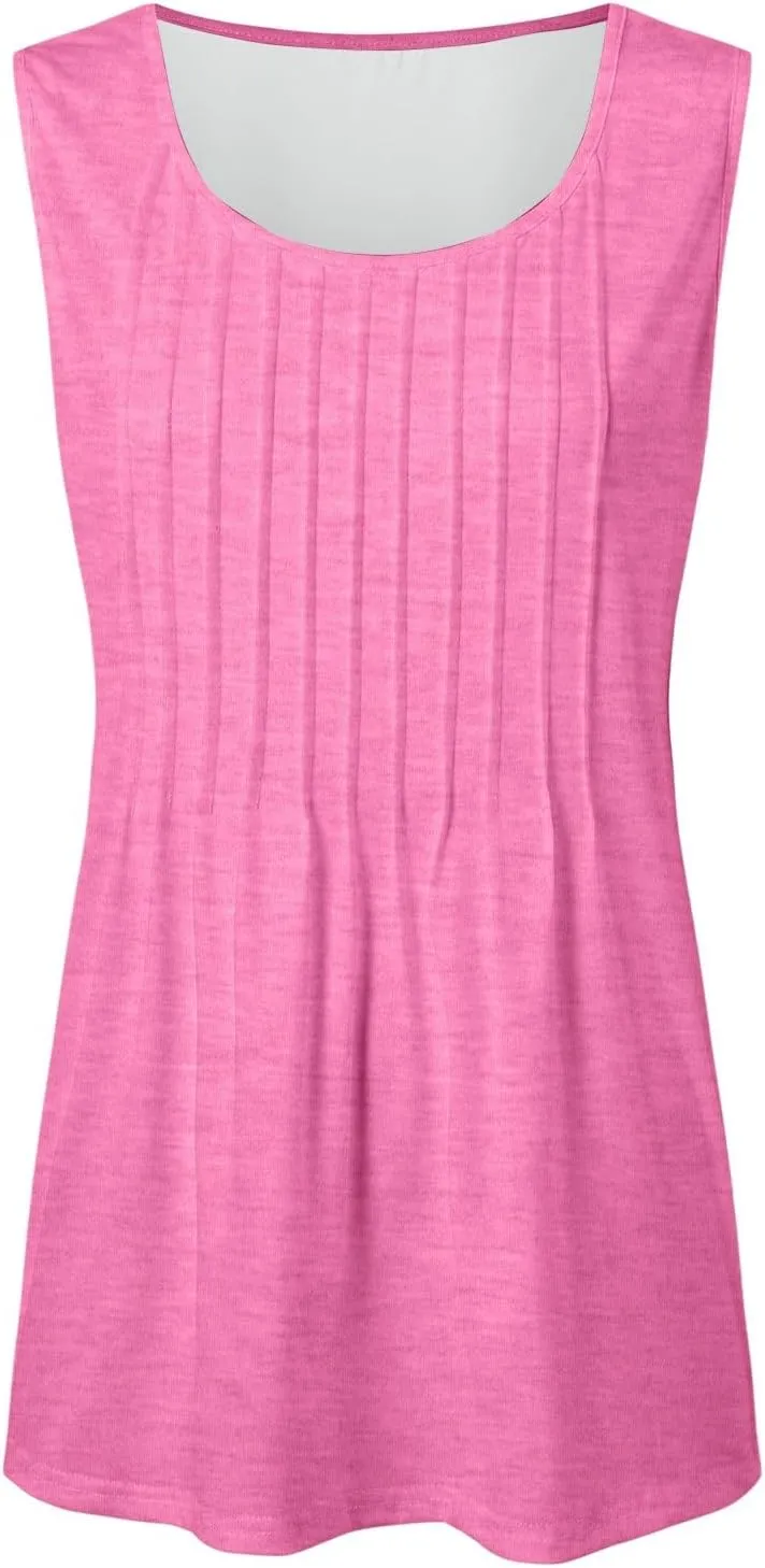 Tank Tops for Women 2025 Summer Sleeveless Pleated Crewneck Shirts Dressy Casual Beach Vacation Clothes