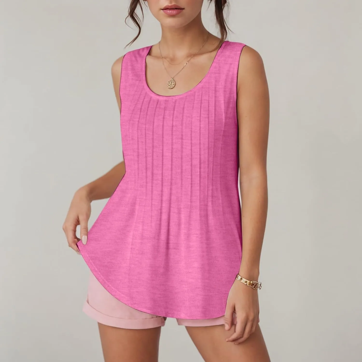 Tank Tops for Women 2025 Summer Sleeveless Pleated Crewneck Shirts Dressy Casual Beach Vacation Clothes