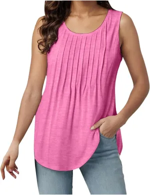 Tank Tops for Women 2025 Summer Sleeveless Pleated Crewneck Shirts Dressy Casual Beach Vacation Clothes