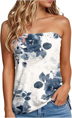 Tank Tops for Women 2025 Trendy Causal Print Strapless Tanks Tube Blouses Summer Backless Sexy T Shirts