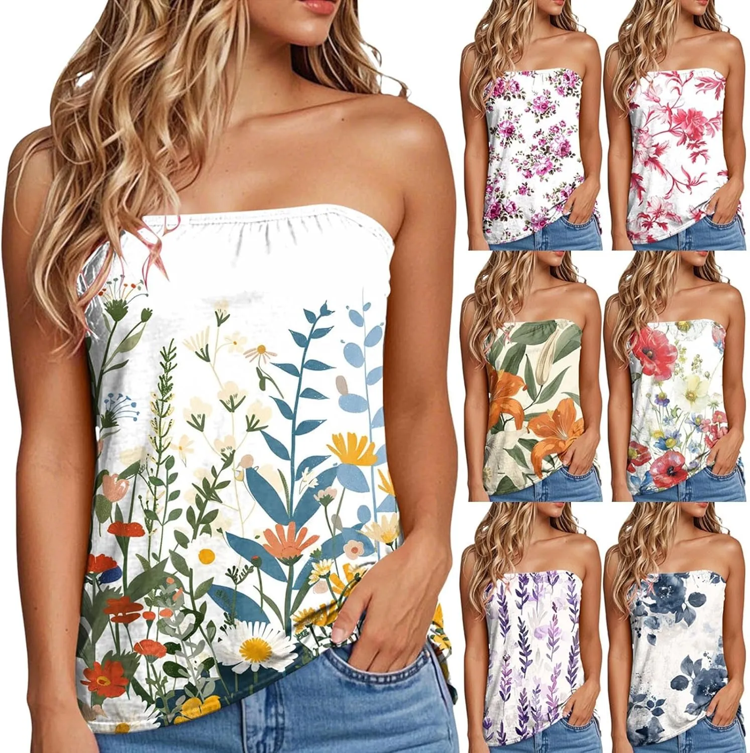 Tank Tops for Women 2025 Trendy Causal Print Strapless Tanks Tube Blouses Summer Backless Sexy T Shirts