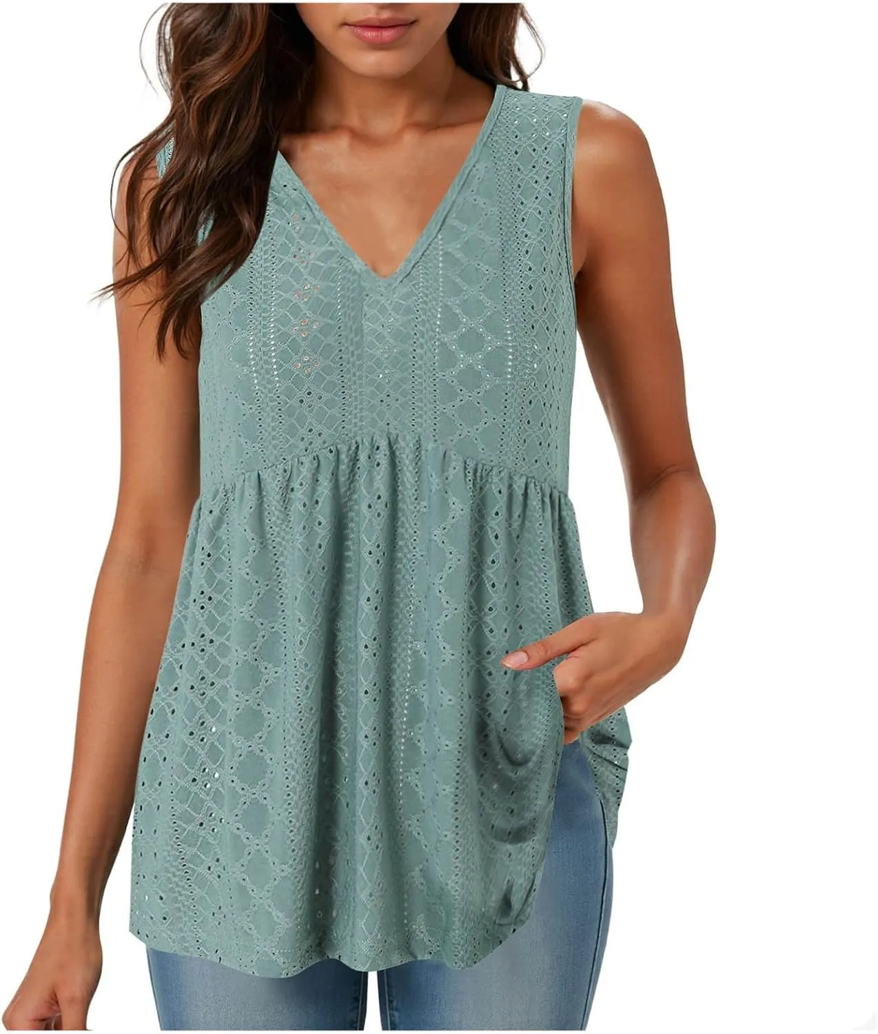 Tank Tops for Women 2025 Trendy Flowy Peplum Tops for Women Dressy Sleeveless V Neck Babydoll Tank Tops
