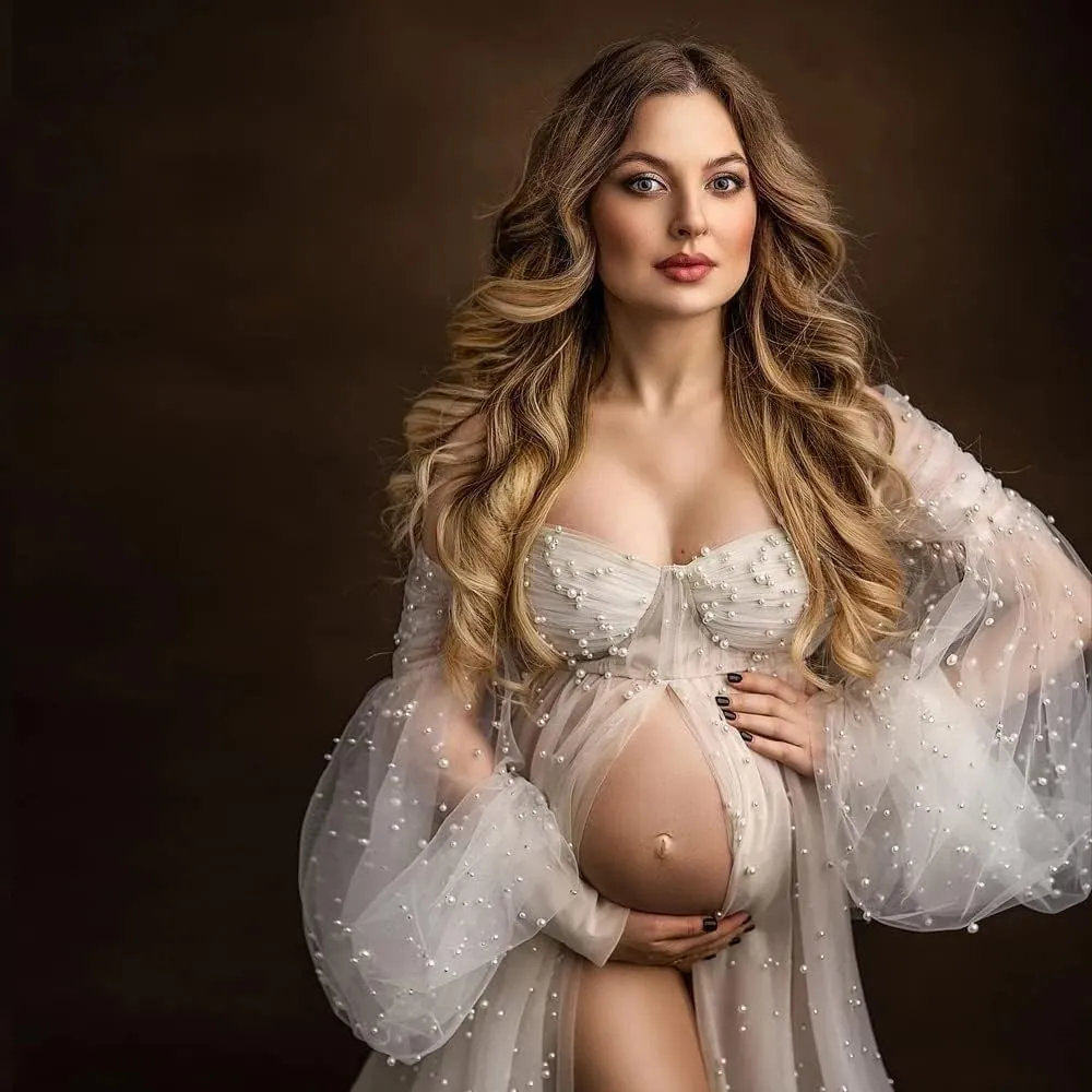 Tianzhihe Pearl Tulle Maternity Dresses for Photoshoot Long Puffy Sleeve Tulle Robe Bridal Baby Shower Pregnancy Gowns