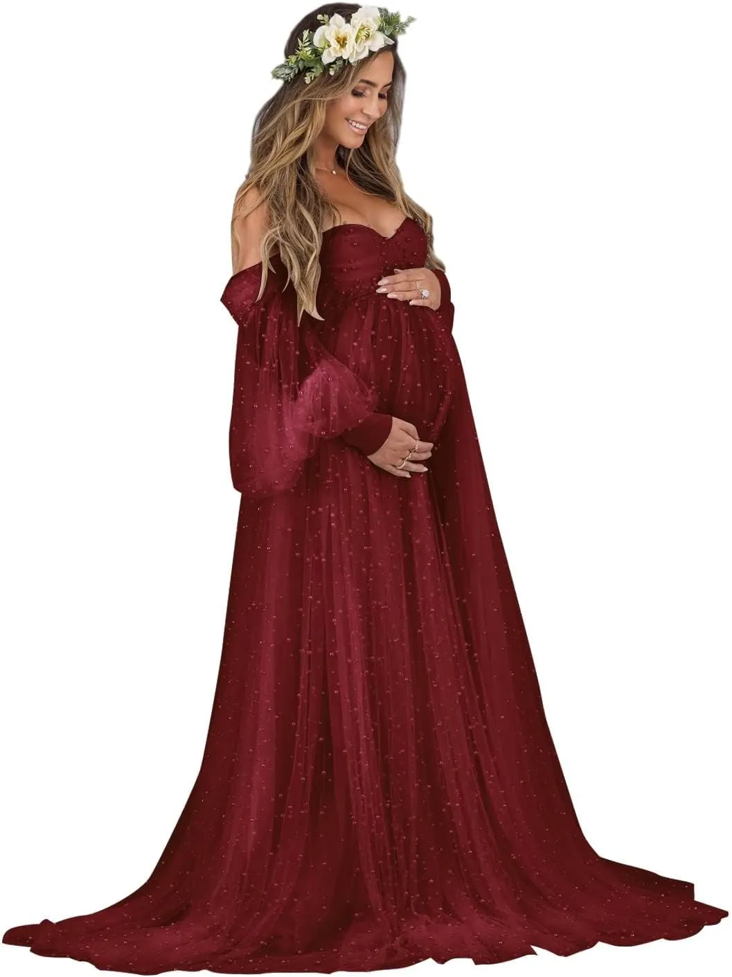 Tianzhihe Pearl Tulle Maternity Dresses for Photoshoot Long Puffy Sleeve Tulle Robe Bridal Baby Shower Pregnancy Gowns