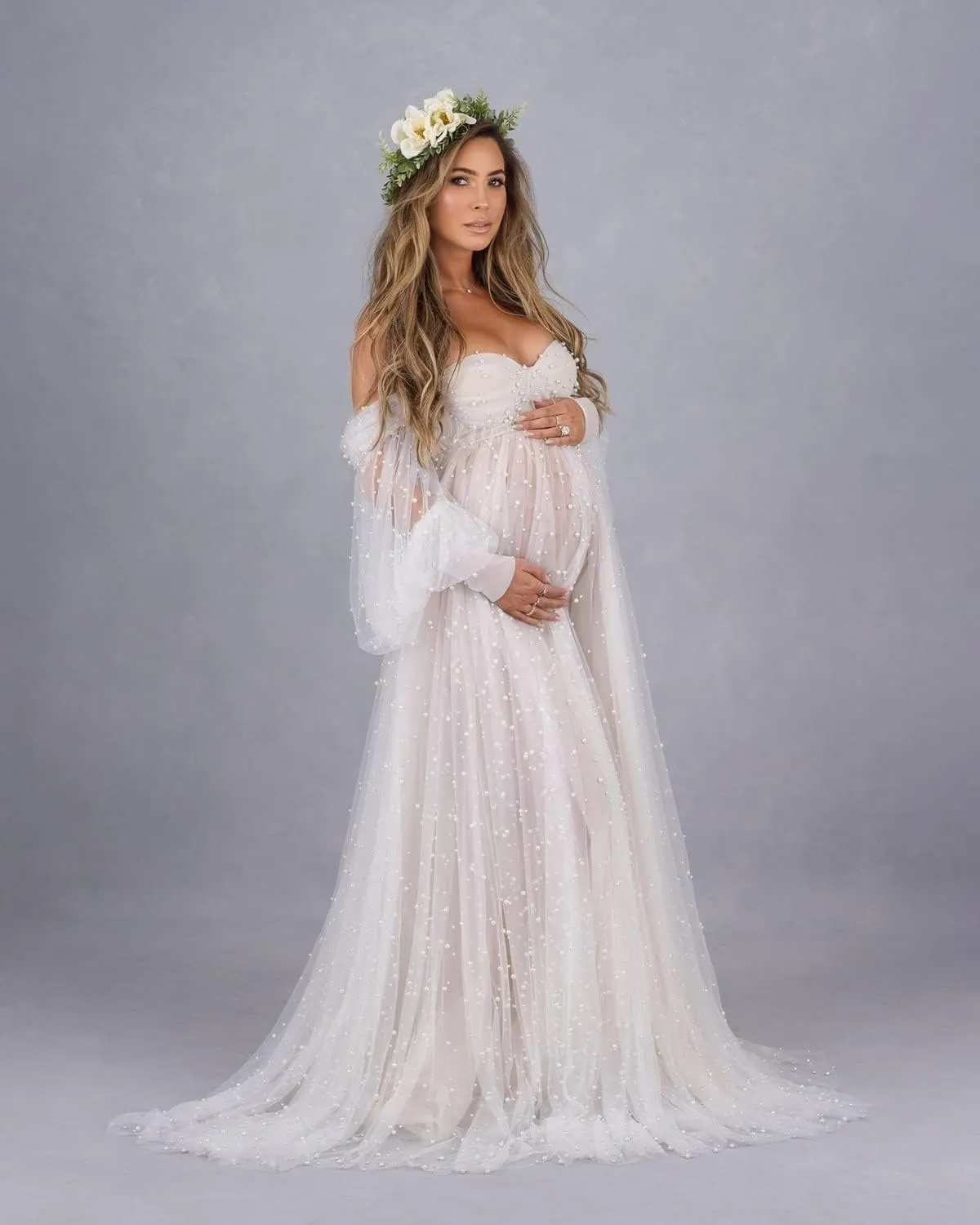 Tianzhihe Pearl Tulle Maternity Dresses for Photoshoot Long Puffy Sleeve Tulle Robe Bridal Baby Shower Pregnancy Gowns