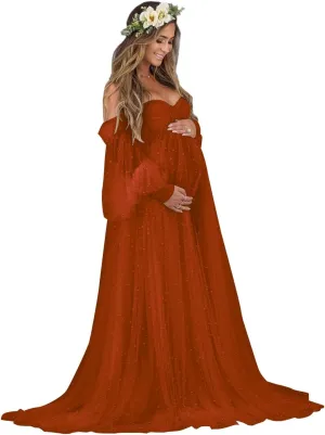 Tianzhihe Pearl Tulle Maternity Dresses for Photoshoot Long Puffy Sleeve Tulle Robe Bridal Baby Shower Pregnancy Gowns