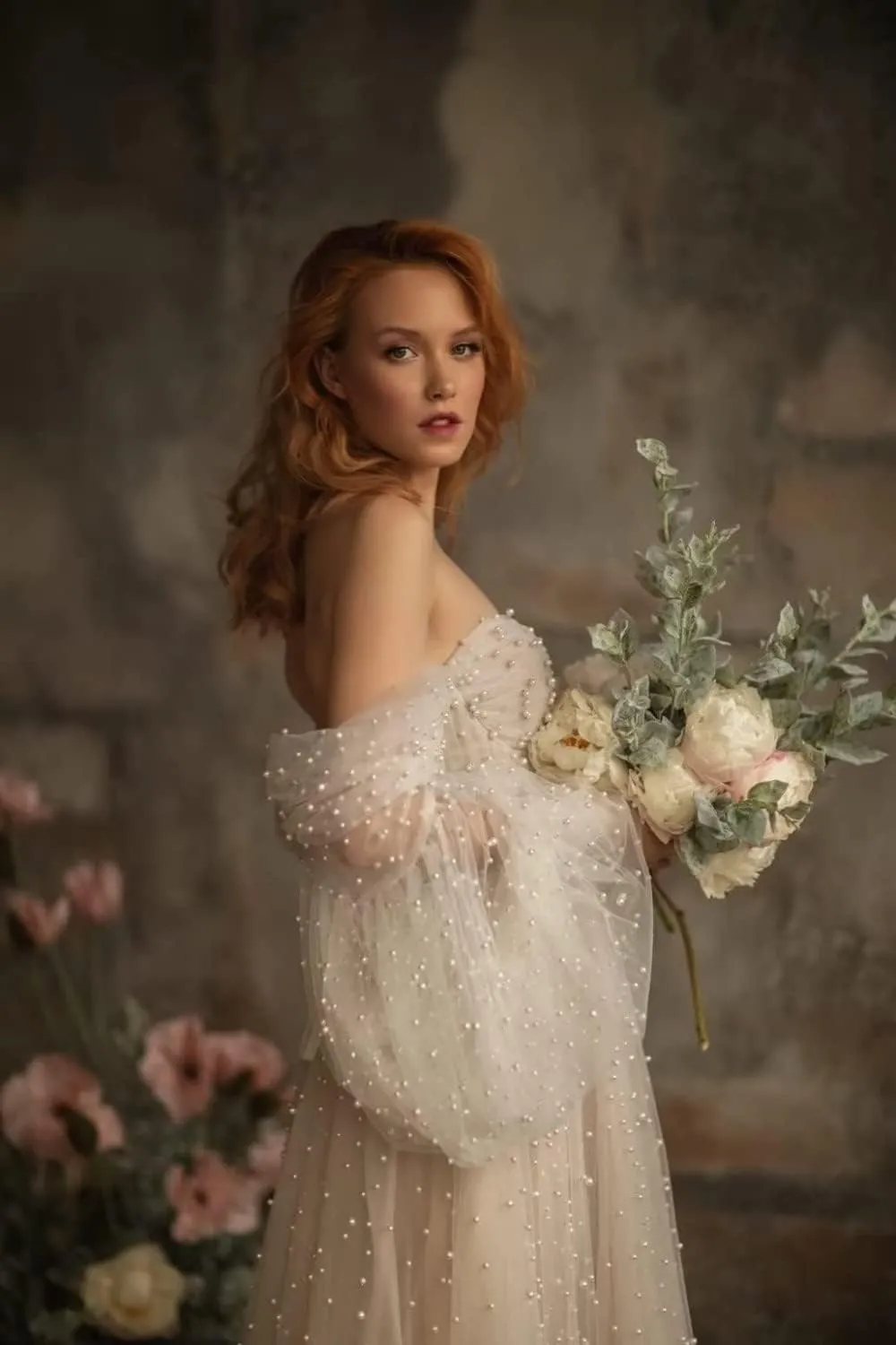 Tianzhihe Pearl Tulle Maternity Dresses for Photoshoot Long Puffy Sleeve Tulle Robe Bridal Baby Shower Pregnancy Gowns