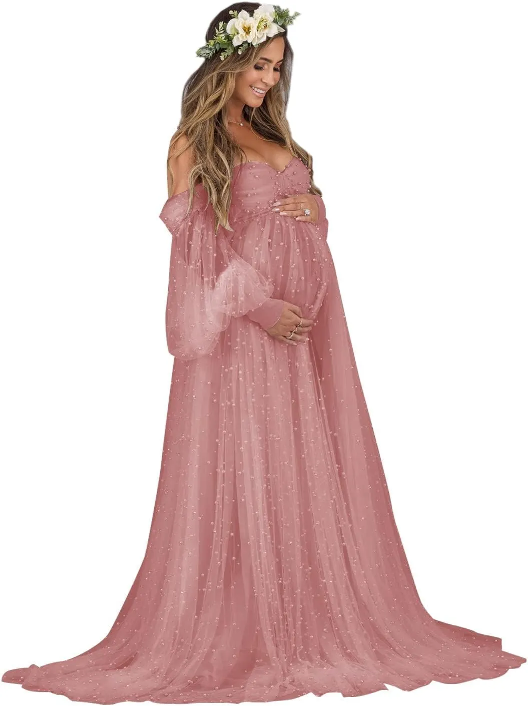 Tianzhihe Pearl Tulle Maternity Dresses for Photoshoot Long Puffy Sleeve Tulle Robe Bridal Baby Shower Pregnancy Gowns