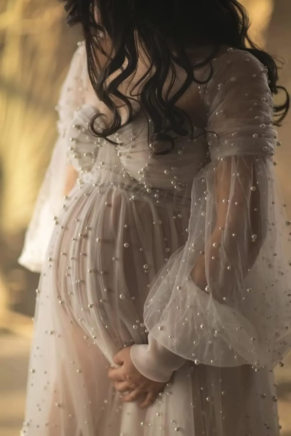 Tianzhihe Pearl Tulle Maternity Dresses for Photoshoot Long Puffy Sleeve Tulle Robe Bridal Baby Shower Pregnancy Gowns